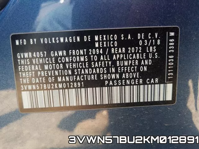 3VWN57BU2KM012891 фото 2