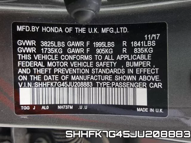 SHHFK7G45JU208883 фото 2