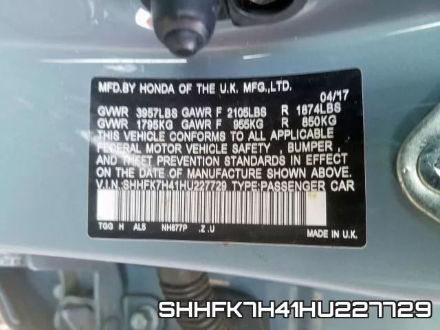 SHHFK7H41HU227729 фото 2