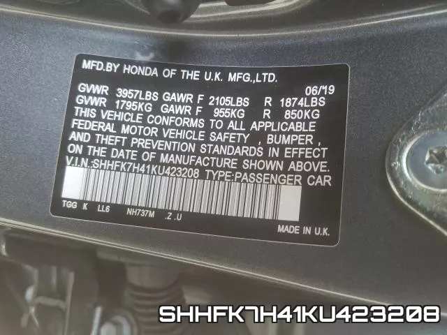 SHHFK7H41KU423208 фото 2