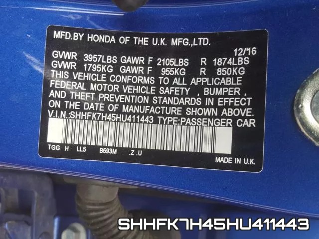 SHHFK7H45HU411443 фото 2