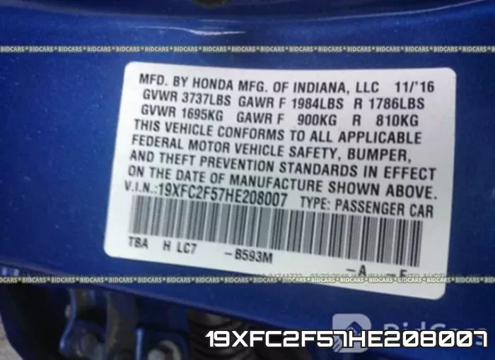 19XFC2F57HE208007 фото 9