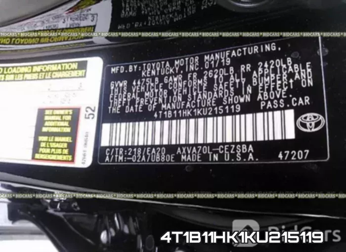 4T1B11HK1KU215119 фото 10