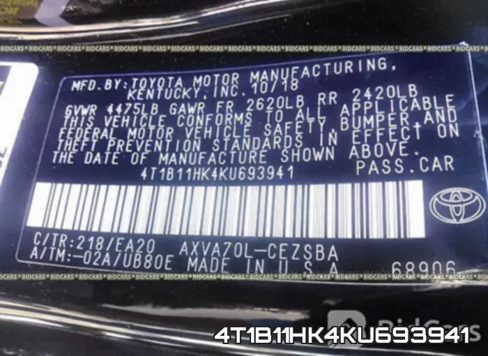4T1B11HK4KU693941 фото 10