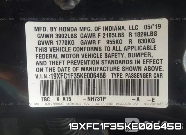 19XFC1F35KE006458 фото 10