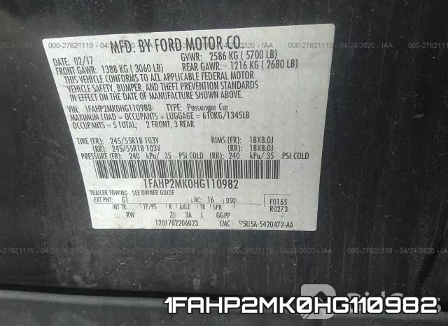 1FAHP2MK0HG110982 фото 10