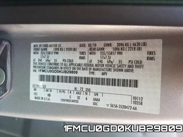 1FMCU0GD0KUB29809 фото 2