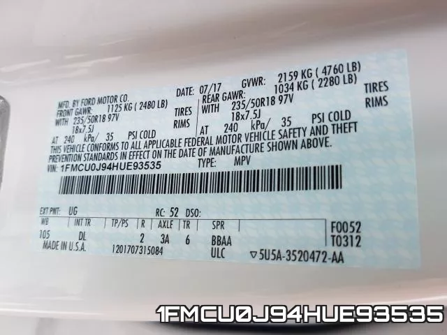 1FMCU0J94HUE93535 фото 2