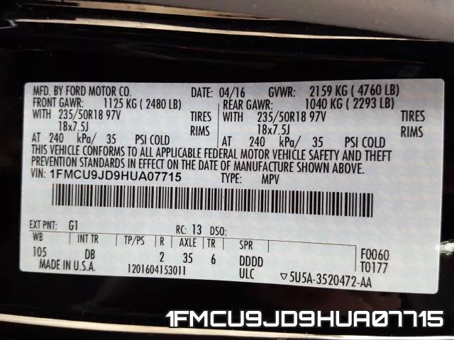 1FMCU9JD9HUA07715 фото 2