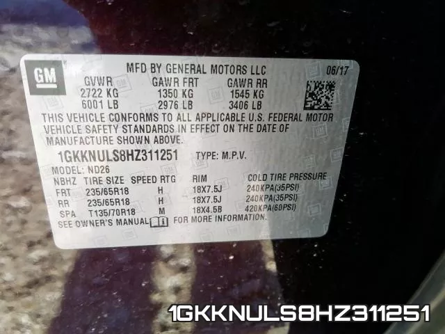 1GKKNULS8HZ311251 фото 2