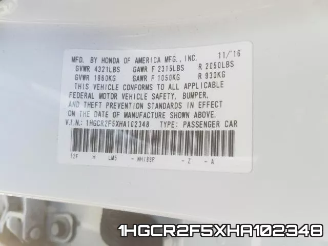 1HGCR2F5XHA102348 фото 2