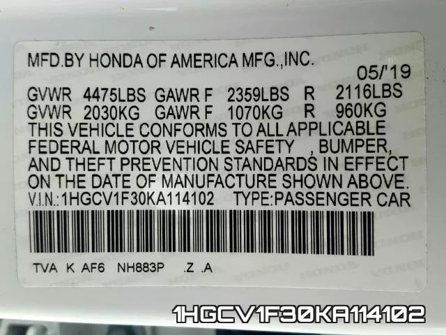 1HGCV1F30KA114102 фото 2