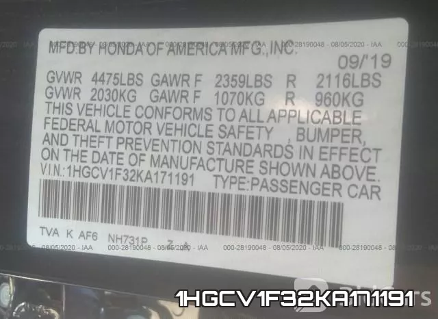 1HGCV1F32KA171191 фото 10