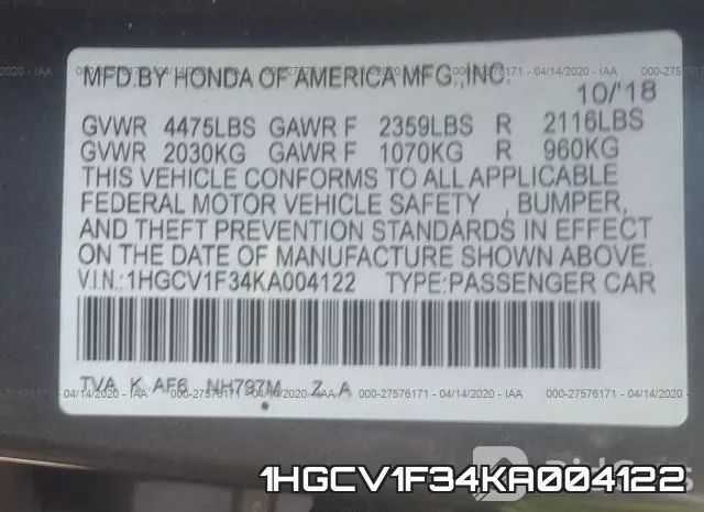 1HGCV1F34KA004122 фото 10