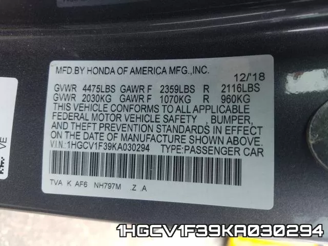 1HGCV1F39KA030294 фото 2