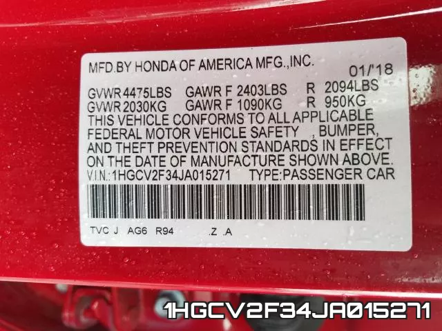 1HGCV2F34JA015271 фото 2