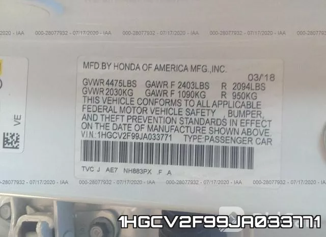 1HGCV2F99JA033771 фото 10