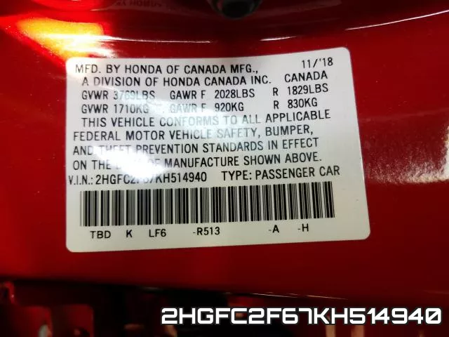 2HGFC2F67KH514940 фото 2