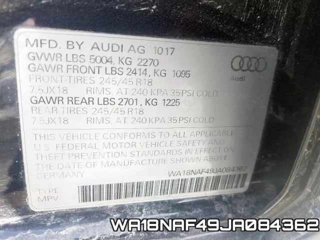 WA18NAF49JA084362 фото 2