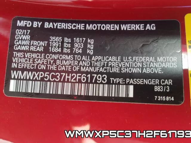 WMWXP5C37H2F61793 фото 2