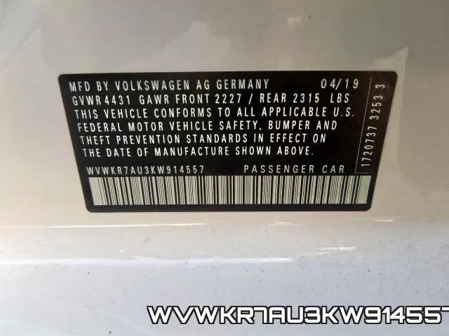 WVWKR7AU3KW914557 фото 2