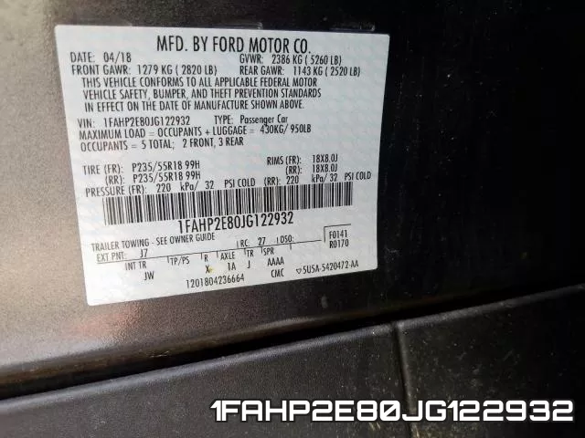 1FAHP2E80JG122932 фото 2