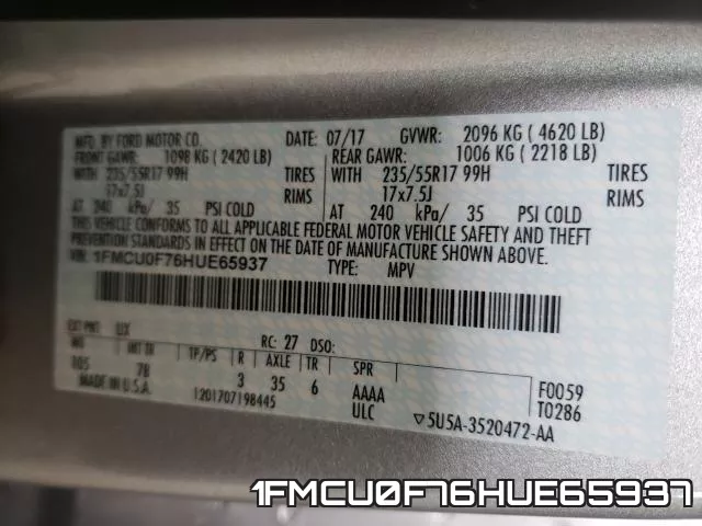 1FMCU0F76HUE65937 фото 2