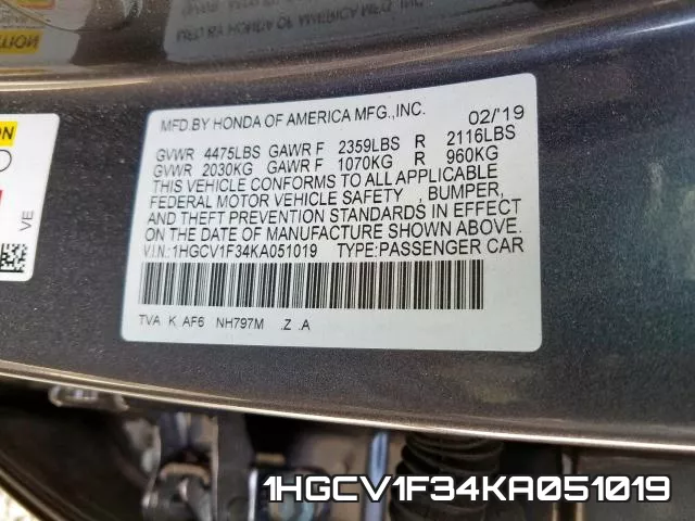 1HGCV1F34KA051019 фото 2