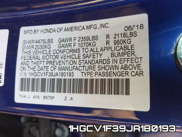 1HGCV1F39JA180193 фото 2