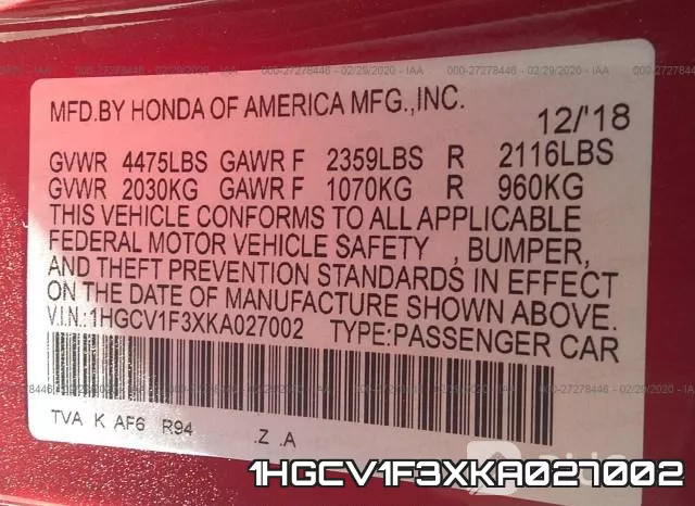 1HGCV1F3XKA027002 фото 10