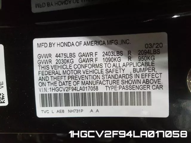 1HGCV2F94LA017058 фото 2