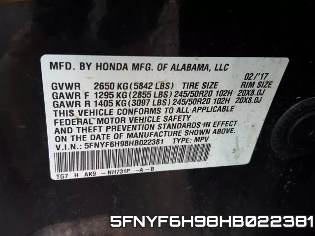 5FNYF6H98HB022381 фото 2