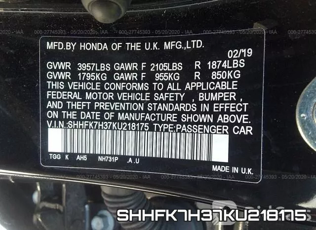 SHHFK7H37KU218175 фото 10