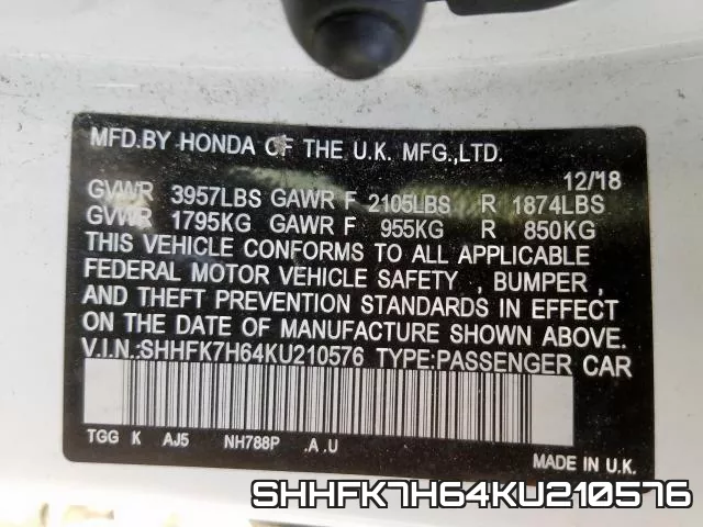 SHHFK7H64KU210576 фото 2