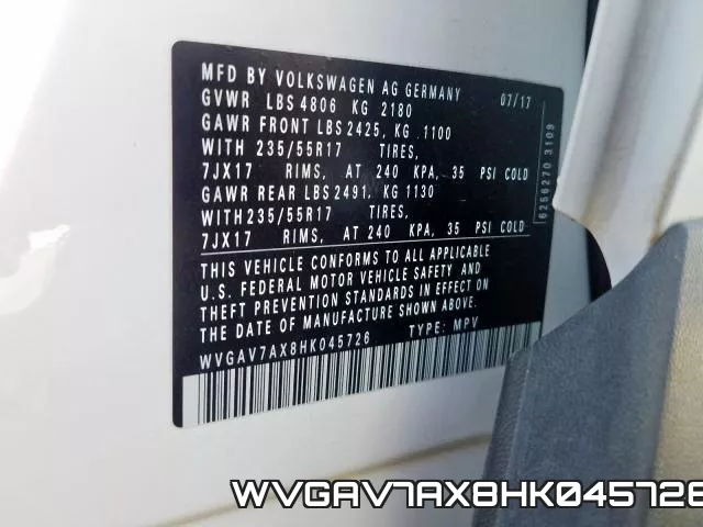WVGAV7AX8HK045726 фото 2