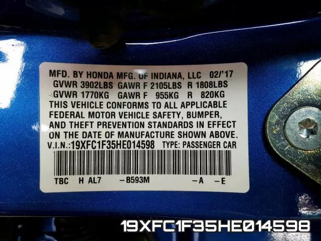 19XFC1F35HE014598 фото 2