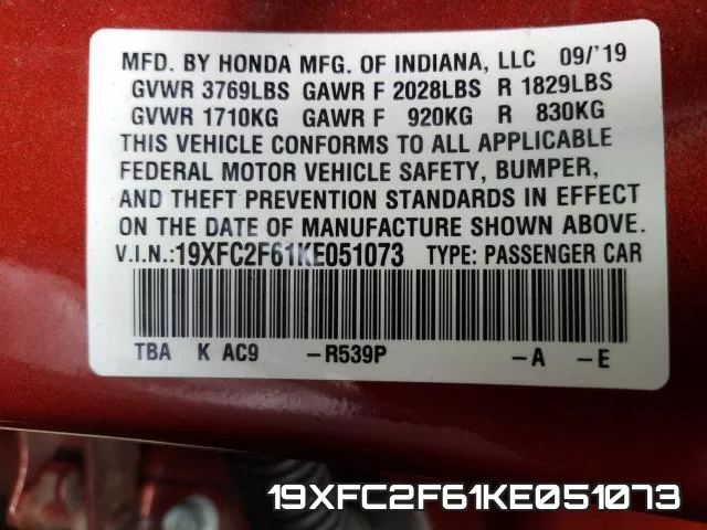 19XFC2F61KE051073 фото 2