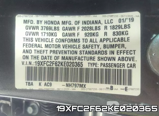 19XFC2F62KE020365 фото 10