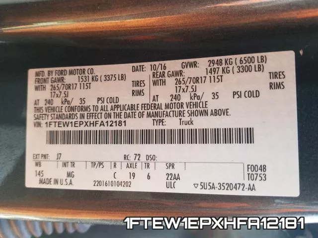 1FTEW1EPXHFA12181 фото 2