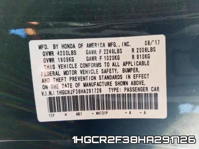 1HGCR2F38HA291726 фото 2