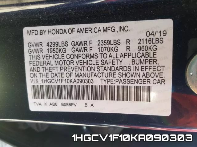 1HGCV1F10KA090303 фото 2