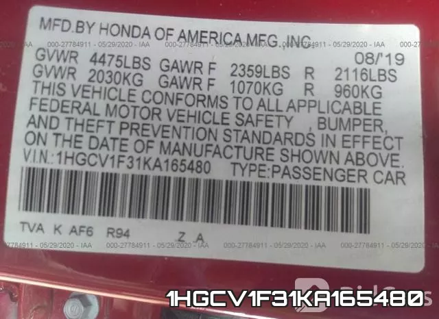 1HGCV1F31KA165480 фото 10
