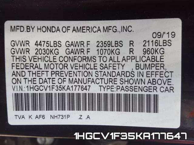 1HGCV1F35KA177647 фото 2