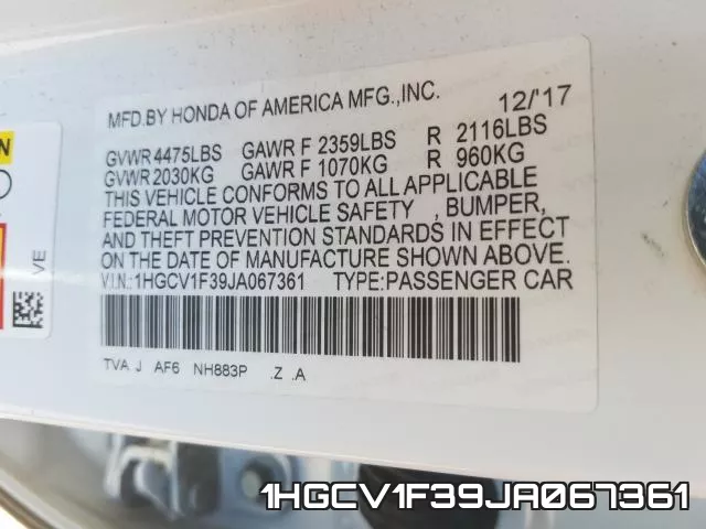 1HGCV1F39JA067361 фото 2
