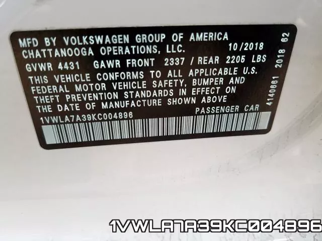 1VWLA7A39KC004896 фото 2