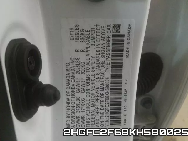 2HGFC2F68KH580025 фото 2