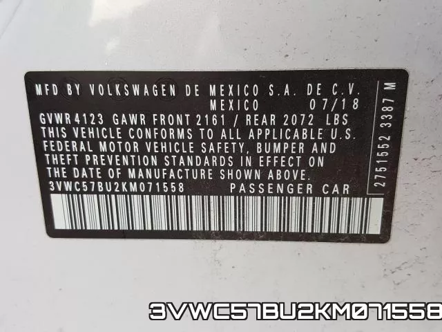 3VWC57BU2KM071558 фото 2