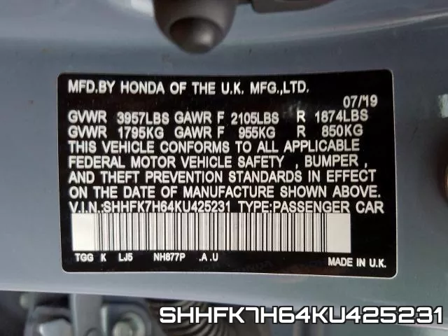 SHHFK7H64KU425231 фото 2