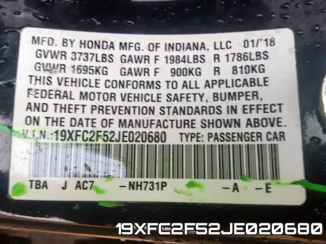 19XFC2F52JE020680 фото 2
