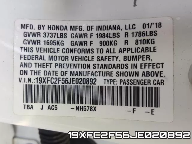 19XFC2F56JE020892 фото 2